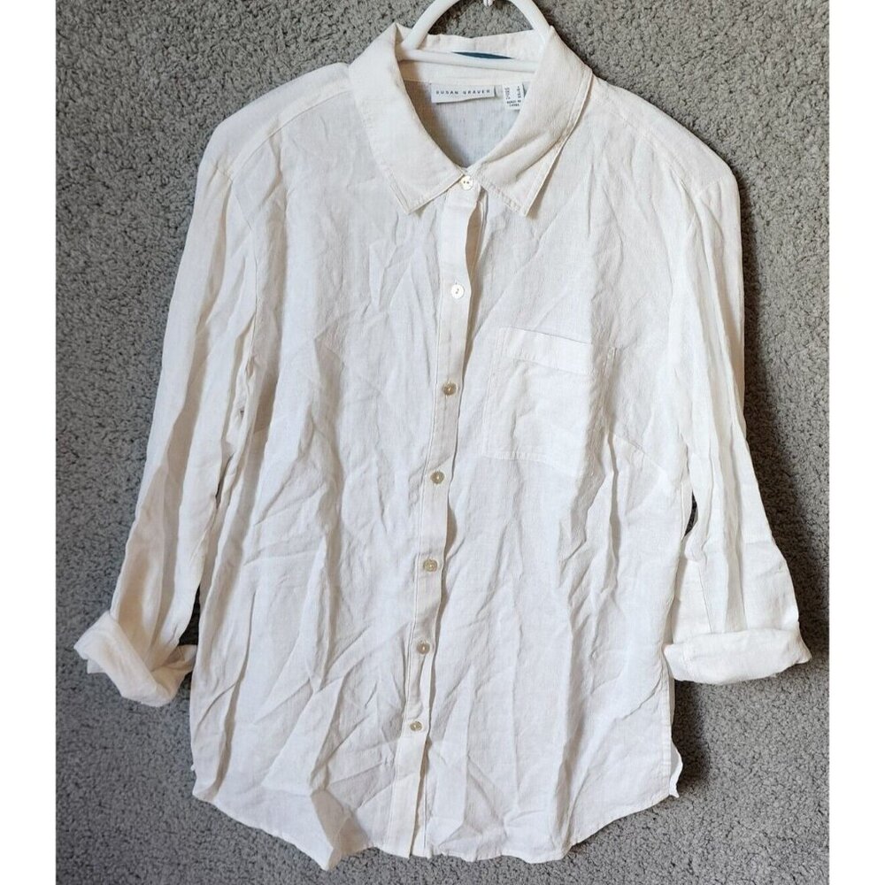 Susan Graver Womens Long Roll Tab Sleeve Button Front Top Linen Blend White Sz S